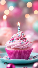Birthday cupcake with lit candle on turquoise surface.