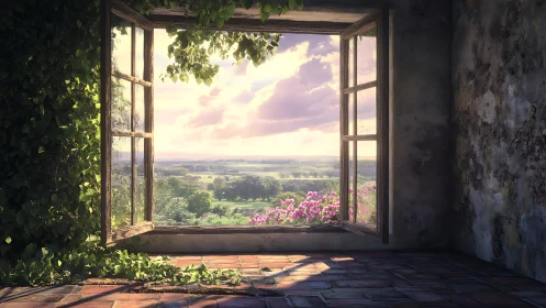 Open window frames distant rural landscape under soft light