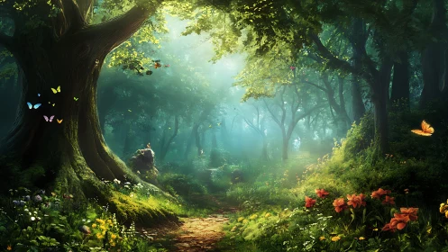 Enchanted Forest Cathedral Bathed in Ethereal Golden Radiance.