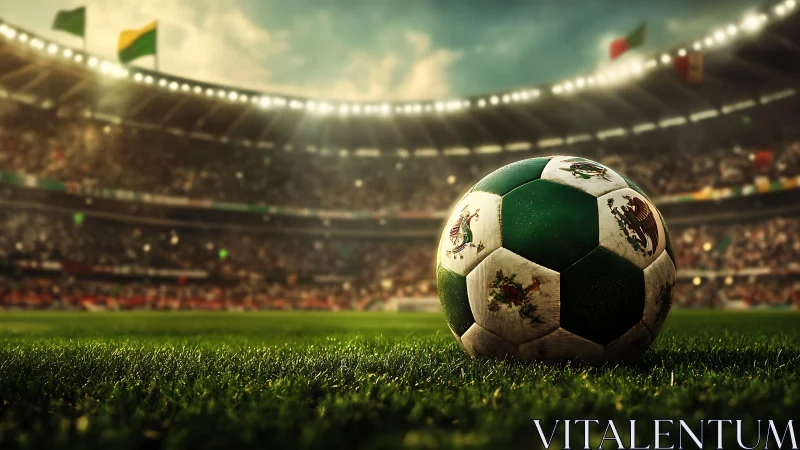 Mexican flag football on grass in crowded stadium at dusk.