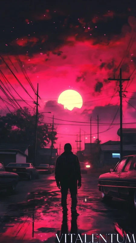 Neon dusk swallows the lone wanderer on rain slick streets