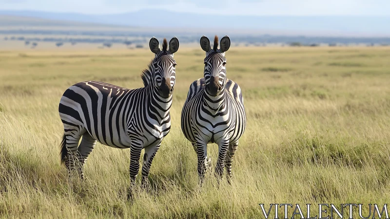 Striped twins stand poised on sunlit African grasslands.
