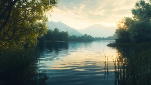 Sunrise hush over a glassy mountain lake of whispers.