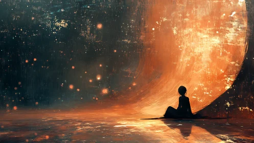 Silhouette figure before curved glowing abstract backdrop.