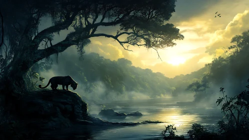 Solitary Panther in Misty Jungle Landscape.