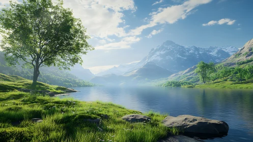 Mountain lake hush under bright wandering morning skies.