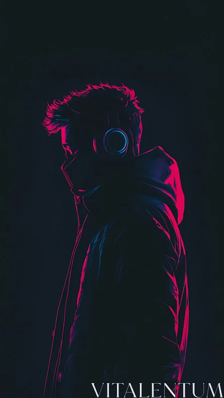 Neon-edge profile of hooded listener in dual-color rimlight.