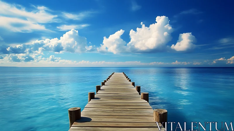 Endless wooden pier whispering into blue horizon skies.