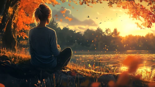 Person by lakeside observing autumn sunset landscape scene.