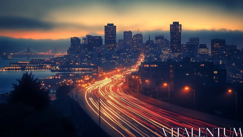 Twilight urban skyline with dynamic freeway light trails.
