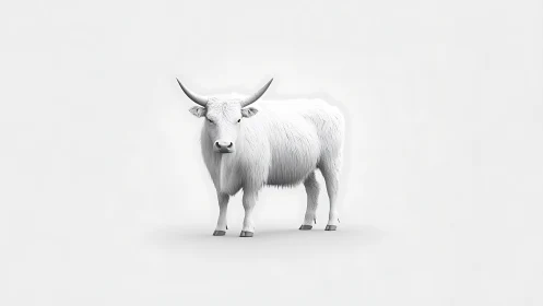 White long-horned yak stands in minimalist snowy studio