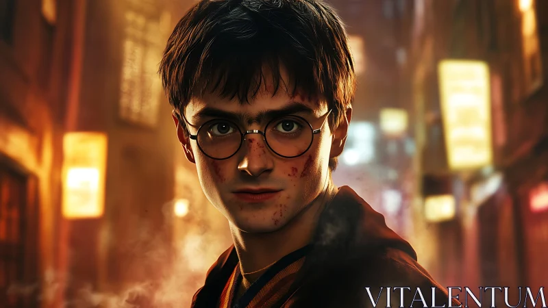 Young male wizard in urban night alley, cinematic portrait.