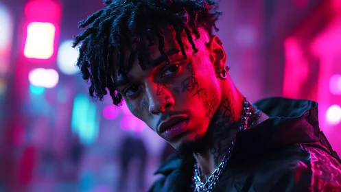 Tattooed man under neon city lights at night portrait.