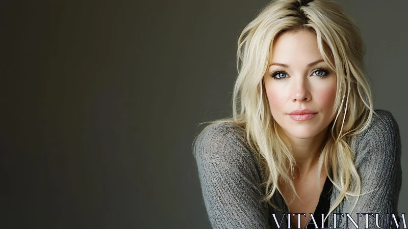 Studio portrait of blonde woman in grey knit with soft lighting