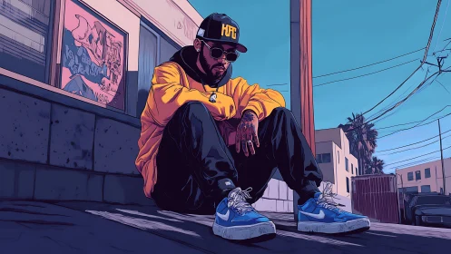 Urban street portrait of seated man in yellow hoodie, daytime.