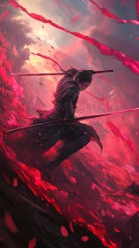 Crimson petals swirl as a lone samurai claims the quiet