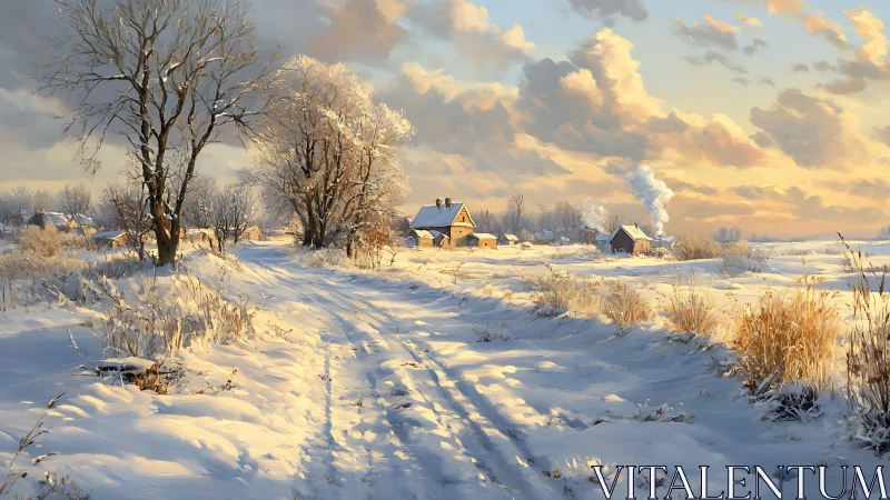 Snowlit lane to the smoking chimneys of a quiet village.