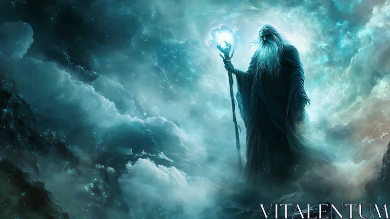 Robed figure holds luminous staff amid dense cloud formations
