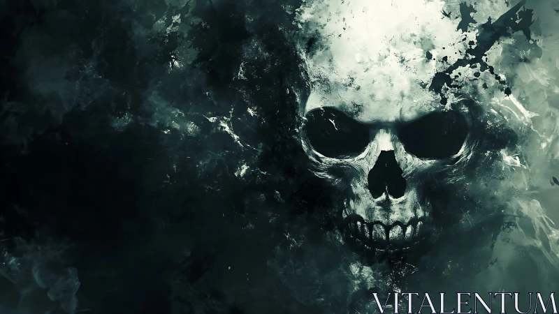 Skull dissolves through dark mist with splintered abstract edges