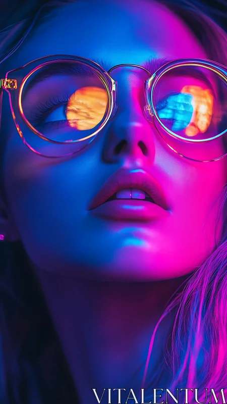 Neon lit close up of woman in round reflective glasses.
