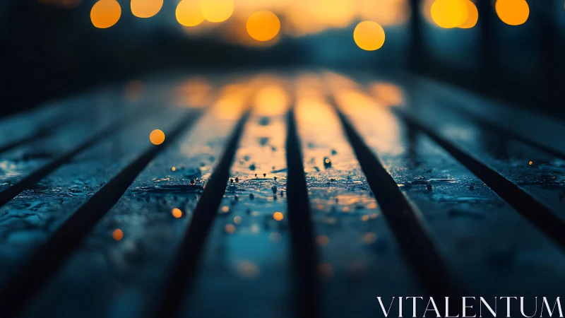 Rainy bench slats glow under dreamy evening city lights.