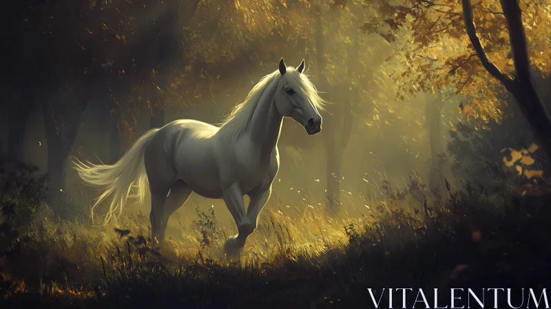 White horse moving through sunlit autumn forest path.