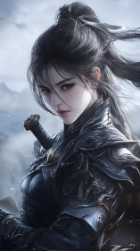Armored swordswoman portrait in high-fidelity digital rendering.