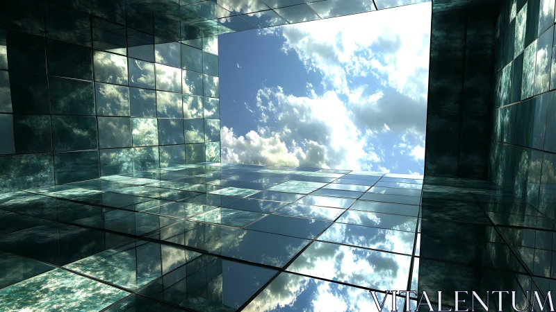 Glass mirrored courtyard interior reflects partial cloudy sky