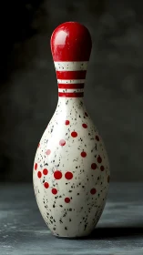 Single red and white bowling pin on neutral studio background.