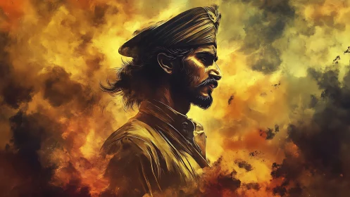 Stoic warrior in turban emerges through blazing golden smoke