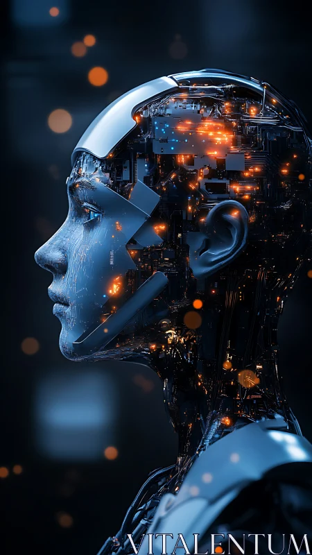 Cyborg profile showcases luminous circuitry within chrome skull