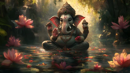 Lotus-lit Ganesha meditates in a misty forest stream dream.