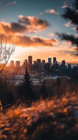 City skyline stands beyond sunlit hillside during sunset