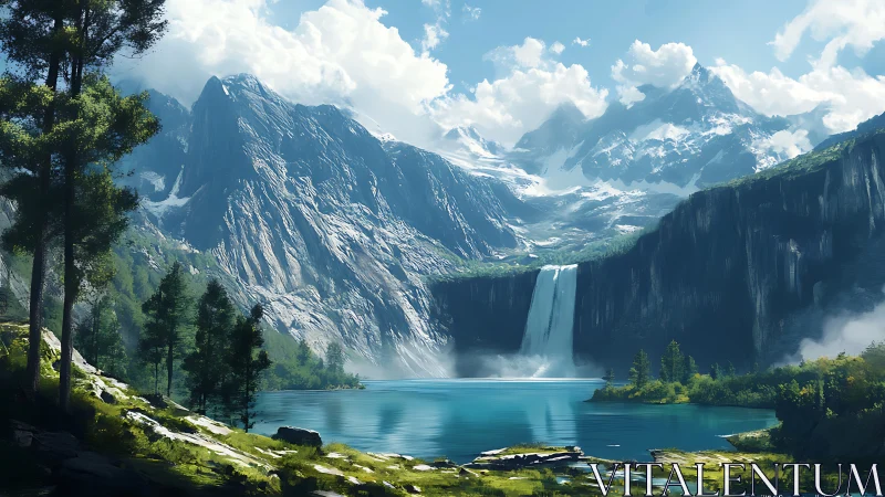 Mountain lake and waterfall under crisp alpine daylight.