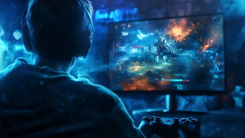 Young gamer at desk playing action video game at night.