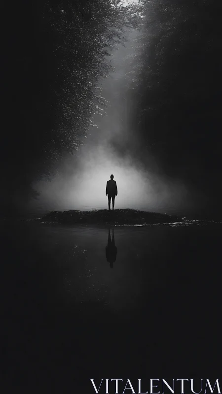 Solitary figure in misty forest light with dark reflection.