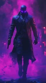 Neon-shadowed vigilante striding through violet city haze.