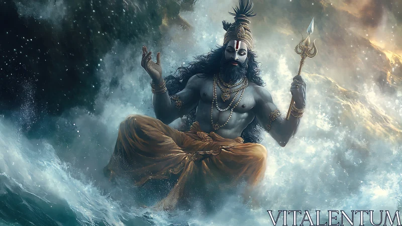 Divine warrior god levitates above storm-torn ocean waves