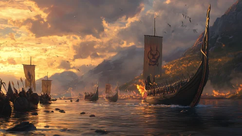 Viking longships advancing toward burning fjord settlement at dusk