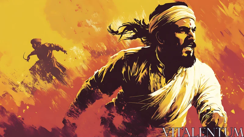 Warrior in motion with dynamic brushstroke flames backdrop.