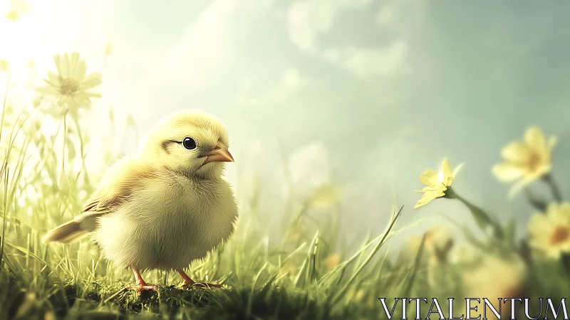 Young chick in grass with yellow flowers and soft natural light