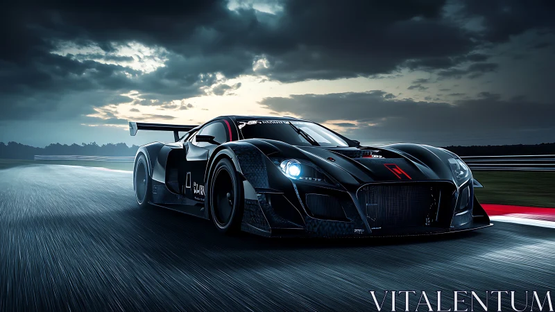 Sleek black race car storms a wet track under brooding skies