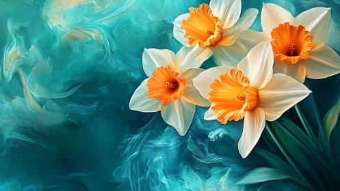 Daffodils on Turquoise Abstract Background