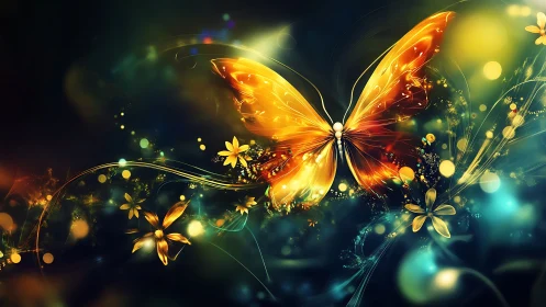 Digital illustration shows luminous butterfly over floral forms
