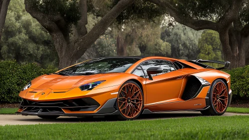 Orange mid‑engine sports car in landscaped outdoor setting.