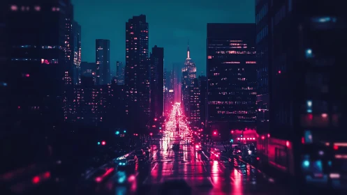 Neon-lit wet avenue forms symmetric nocturnal urban light corridor