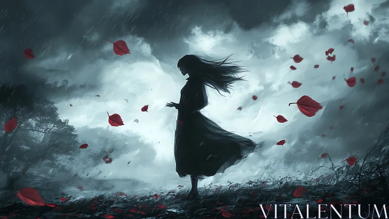 Silhouetted figure in stormy grayscale field with red leaf motion dynamics