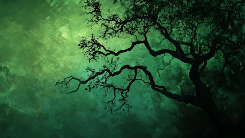 Silhouette of Twisted Tree Branches Against Ethereal Green Background.