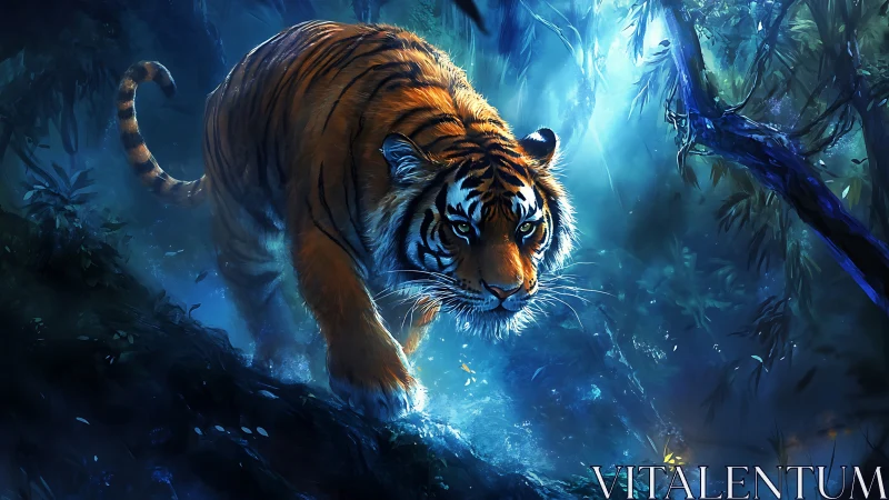 Bioluminescent jungle tiger rendered with high contrast rim lighting
