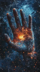 Cosmic hand ignites molten core amid deep blue void.